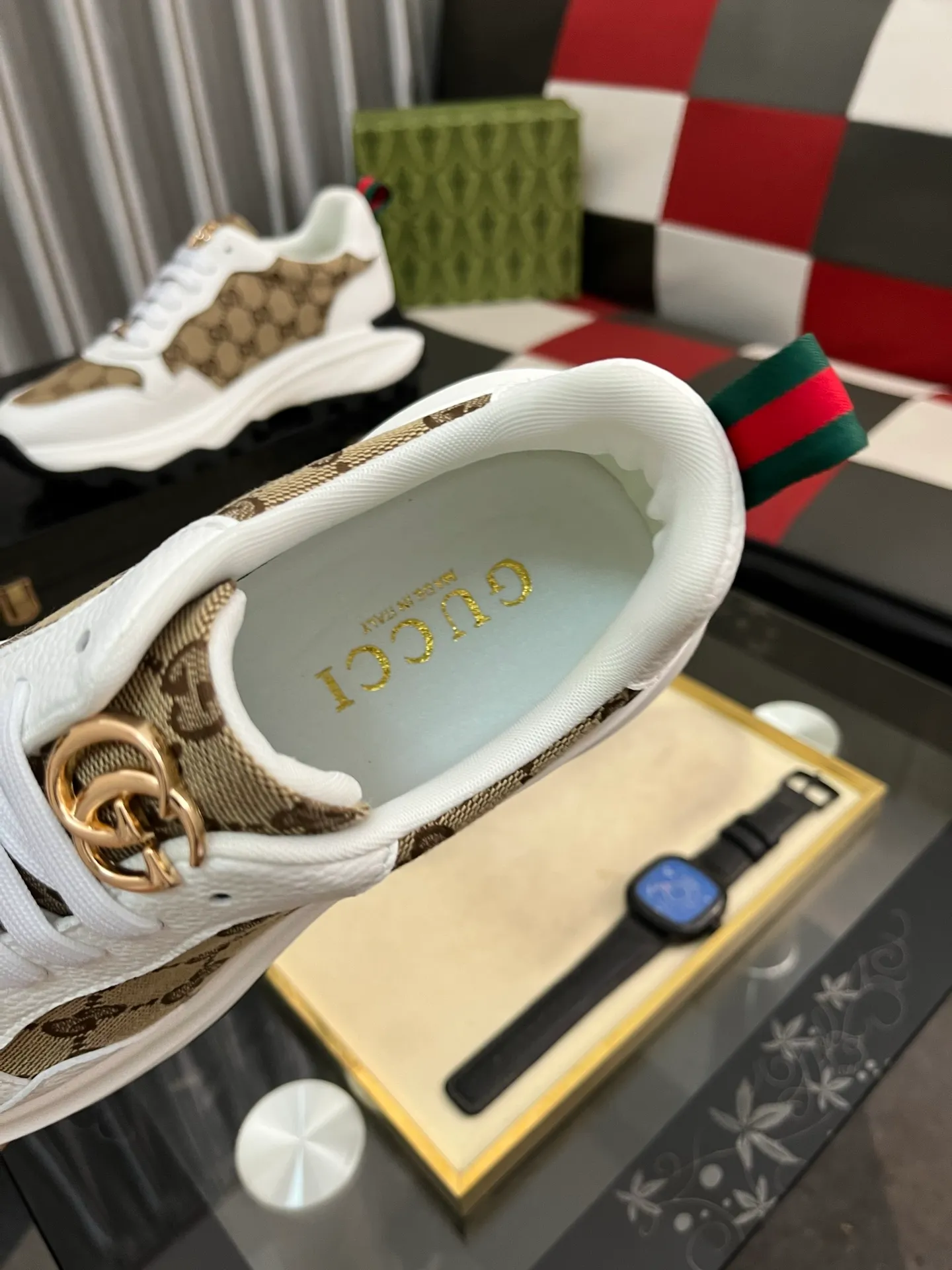 Men's shoes 💰458⌚️⌚️ Gucci •Gucci original quality. ~ Unique modern style sneakers. 🏃A must-have casual shoe for trendy men😍😍 Original brand imported from Italy, imported original leather, sheep lining (refuses to discolor and grind feet) Sole: Original sole provided by the original factory, French lazy style design ⚠️Fit to the feet, original quality attached, super comfortable original sole, code number: 38-444️⃣Colors available